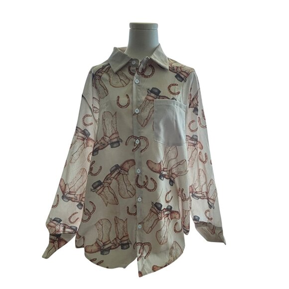 Vintage Western Cowboy Boots & Horseshoes Sheer Button-Up Shirt Size L - Picture 2 of 8